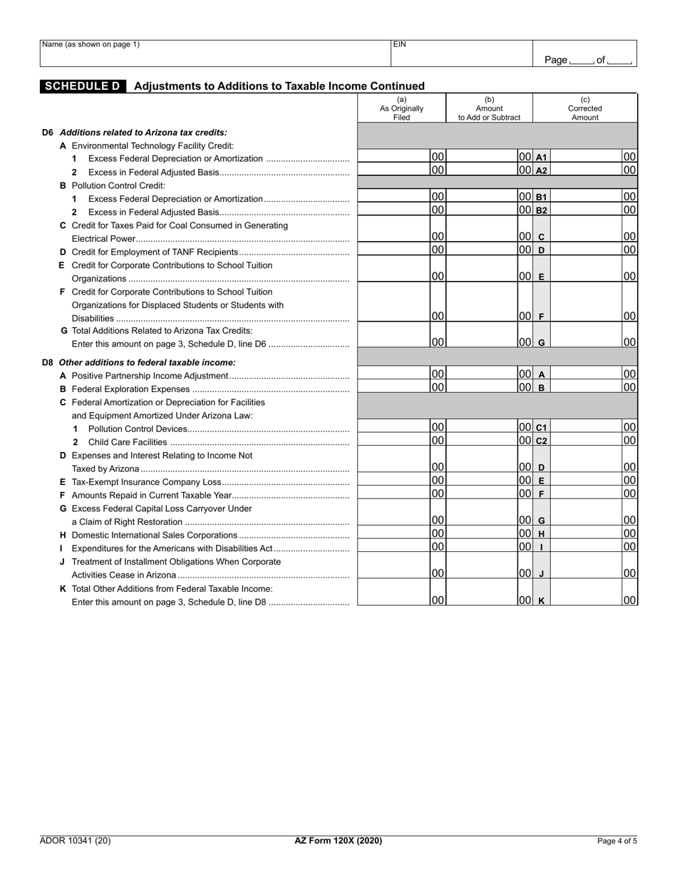 Arizona Form 120X (ADOR10341) Arizona Amended Corporation Income Tax Return - Arizona, Page 4