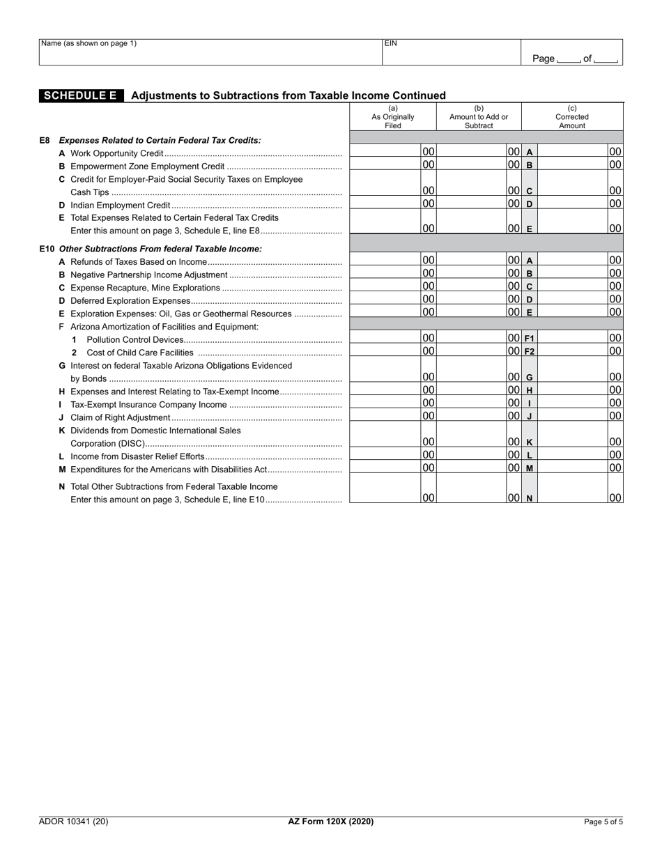 Arizona Form 120X (ADOR10341) Arizona Amended Corporation Income Tax Return - Arizona, Page 5