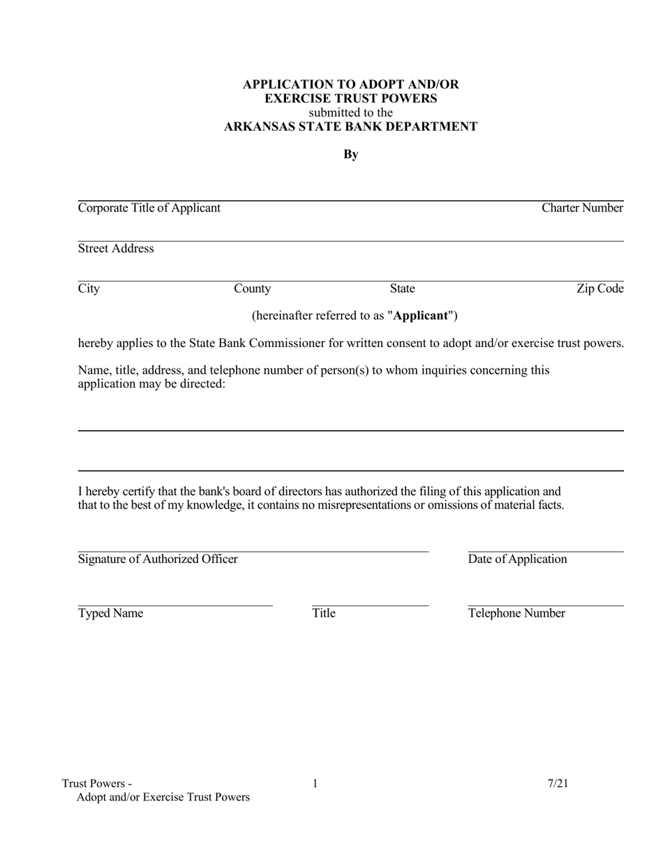 Application to Adopt and/or Exercise Trust Powers - Arkansas, Page 1