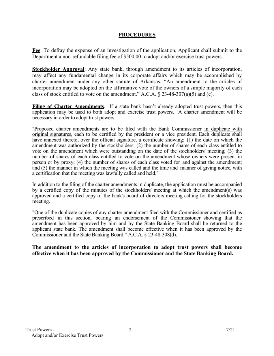 Application to Adopt and / or Exercise Trust Powers - Arkansas, Page 2