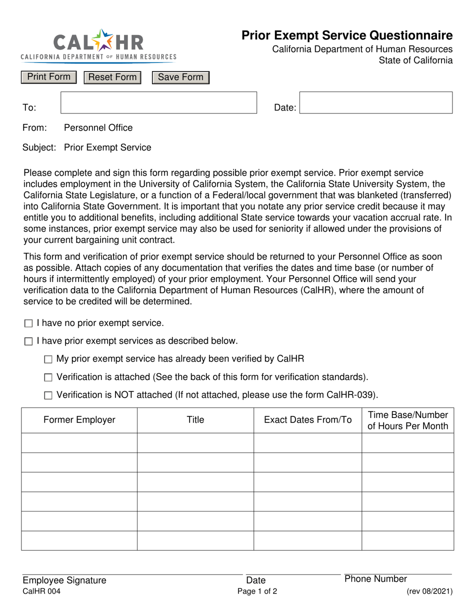 Form CALHR004 Prior Exempt Service Questionnaire - California, Page 1
