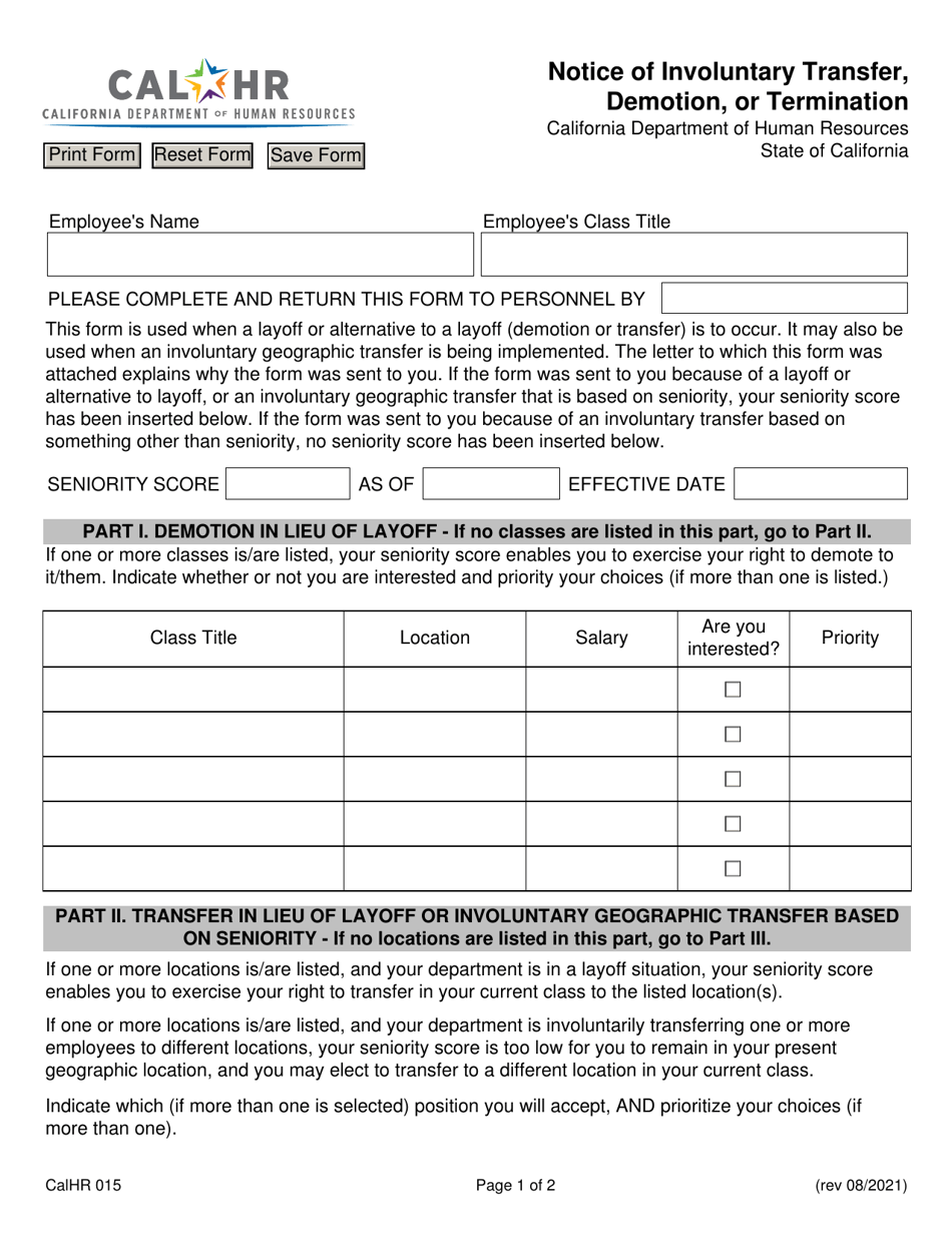 Form CALHR015 Notice of Involuntary Transfer, Demotion, or Termination - California, Page 1