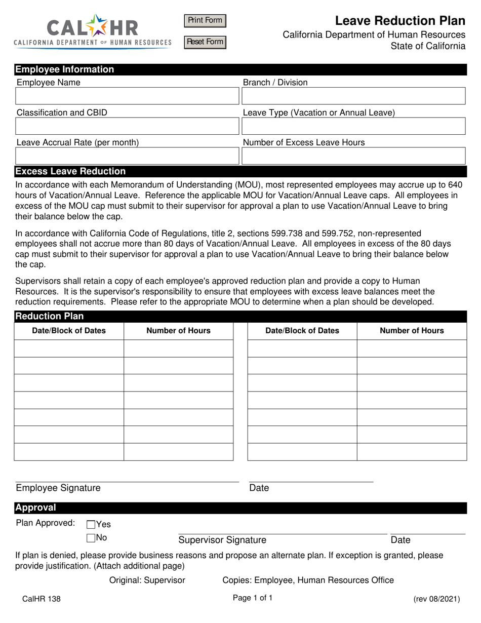 Form CALHR138 Download Fillable PDF or Fill Online Leave Reduction Plan