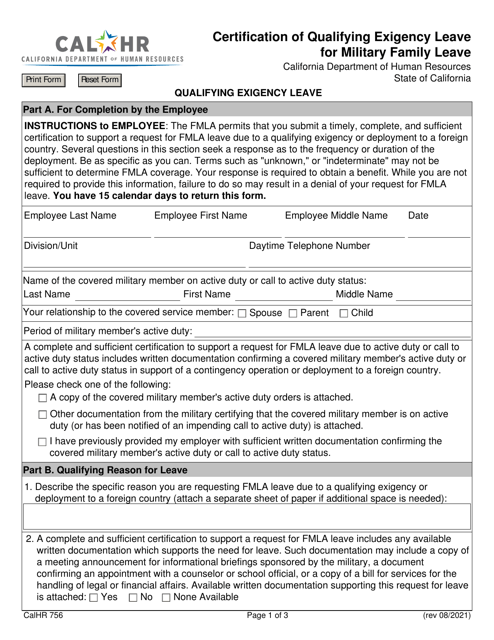 Form CALHR756 Certification of Qualifying Exigency Leave for Military Family Leave - California