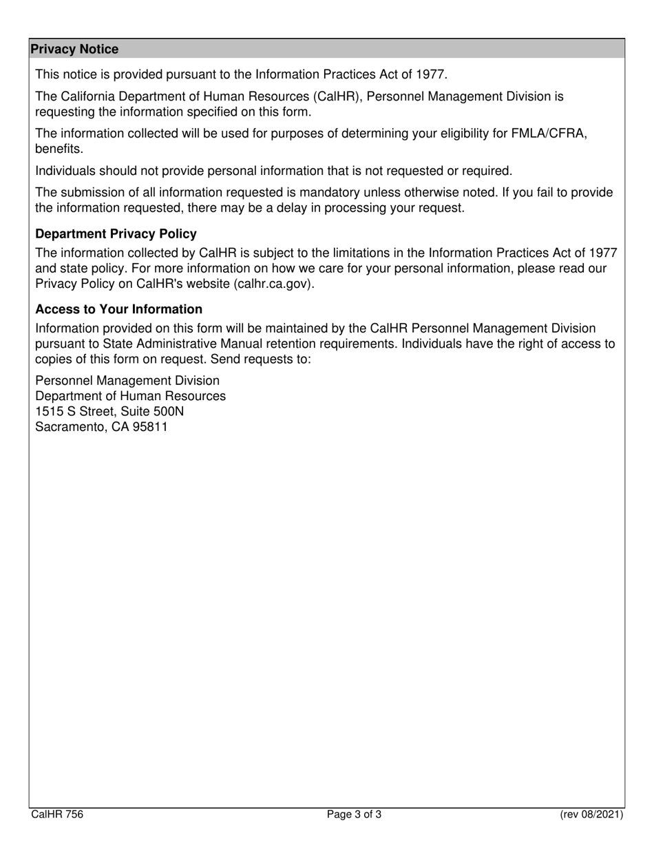 Form CALHR756 Certification of Qualifying Exigency Leave for Military Family Leave - California, Page 3