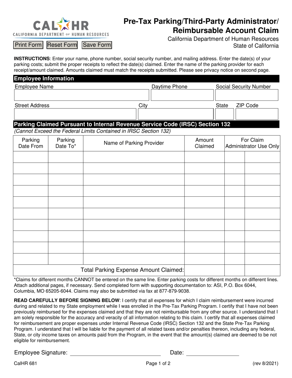Form CALHR681 Pre-tax Parking / Third-Party Administrator / Reimbursable Account Claim - California, Page 1