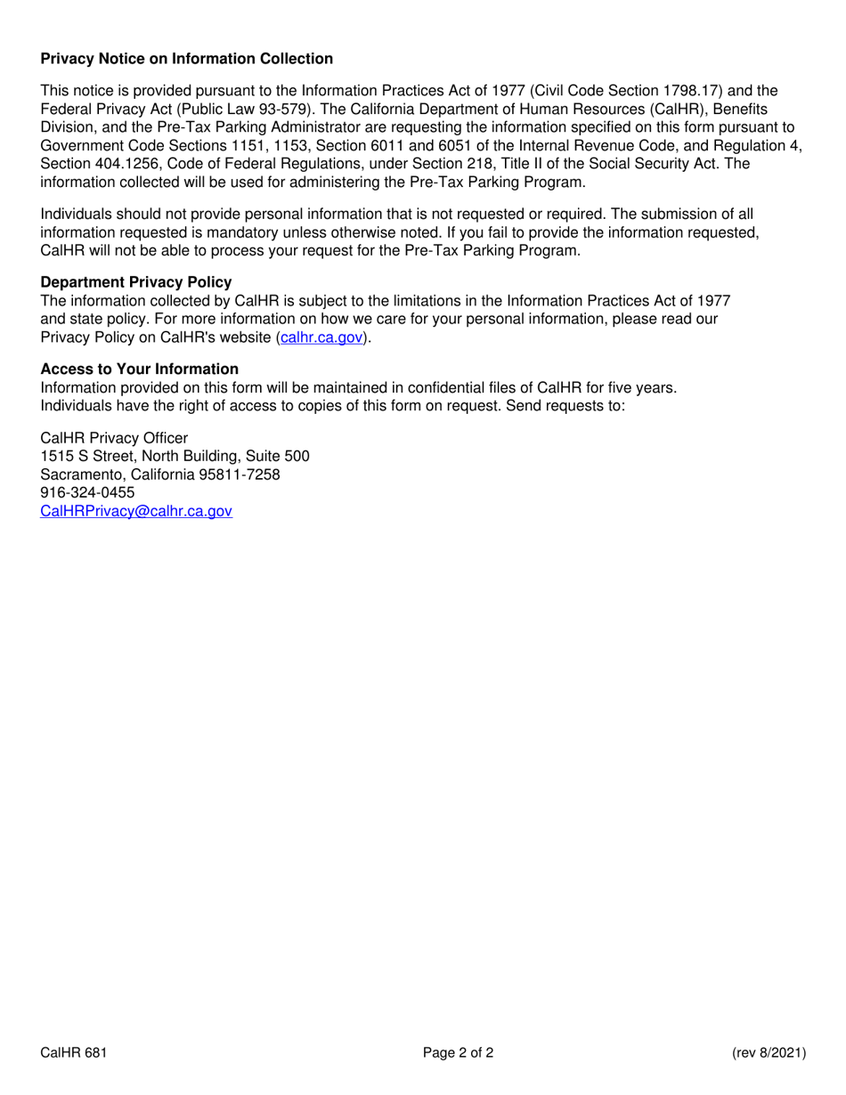 Form CALHR681 Pre-tax Parking / Third-Party Administrator / Reimbursable Account Claim - California, Page 2