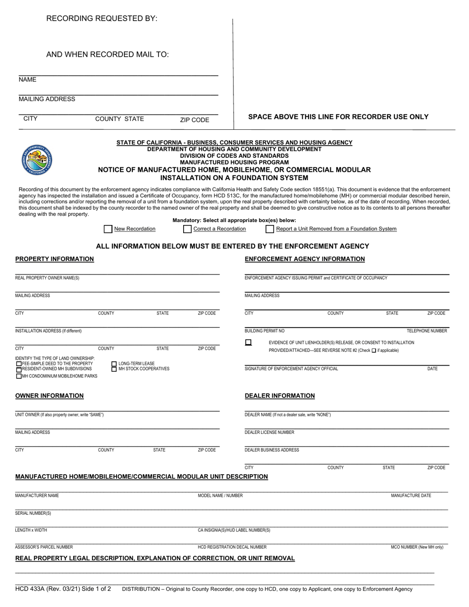 Form HCD433A Notice of Manufactured Home, Mobilehome, or Commercial Modular Installation on a Foundation System - California, Page 1