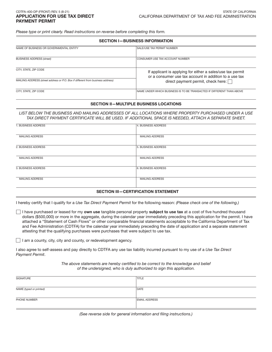 Form CDTFA-400-DP Application for Use Tax Direct Payment Permit - California, Page 1