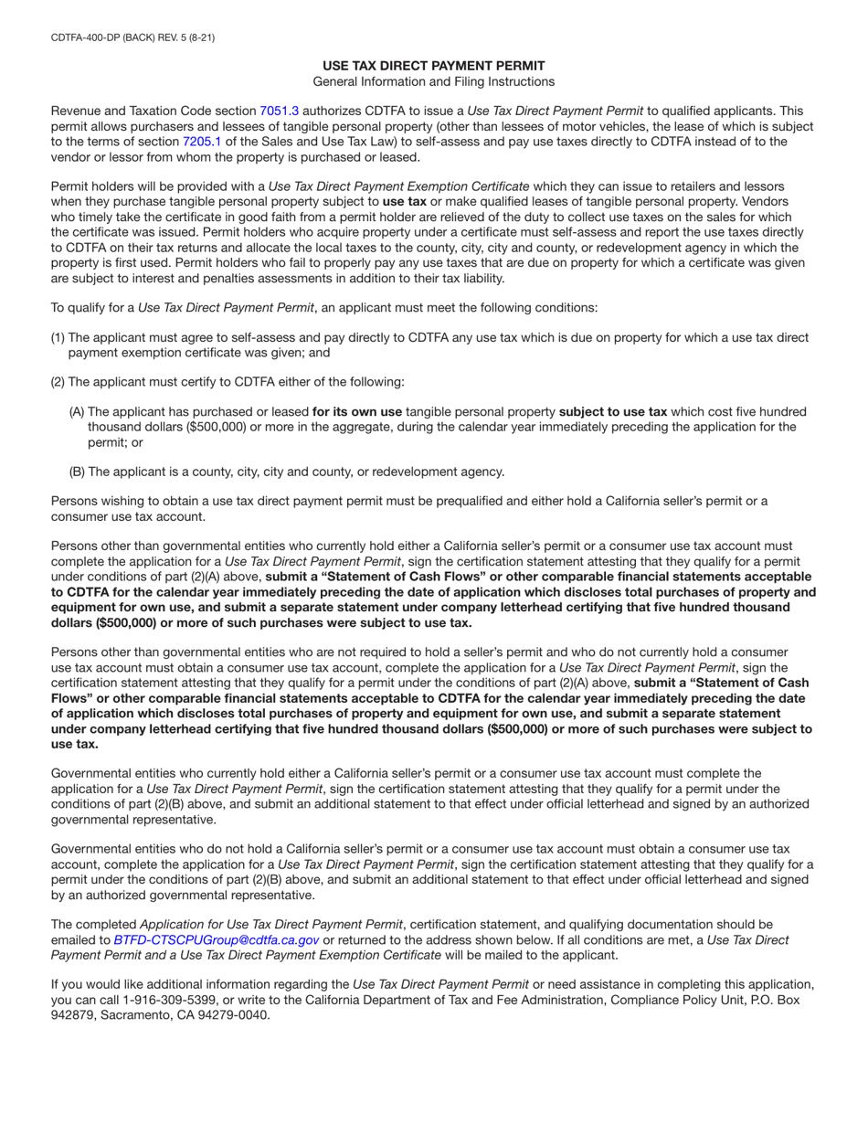 Form CDTFA-400-DP Application for Use Tax Direct Payment Permit - California, Page 2
