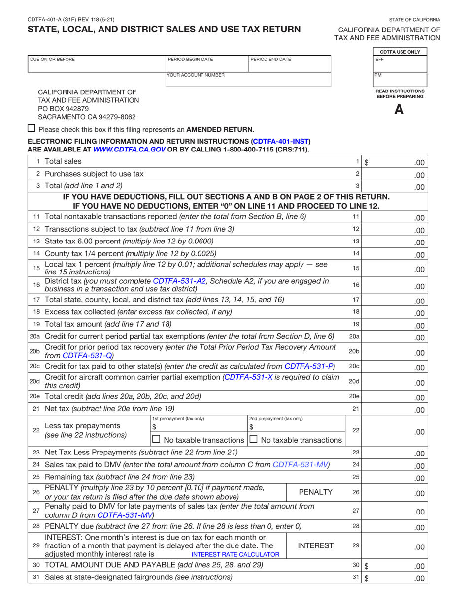 Form CDTFA-401-A State, Local, and District Sales and Use Tax Return - California, Page 1