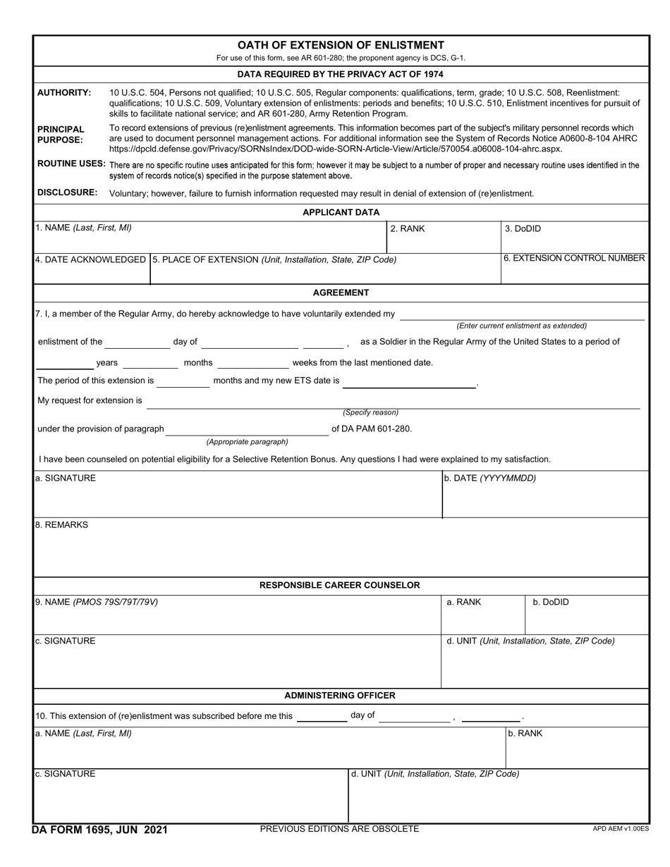 DA Form 1695 Download Fillable PDF or Fill Online Oath of Extension of ...