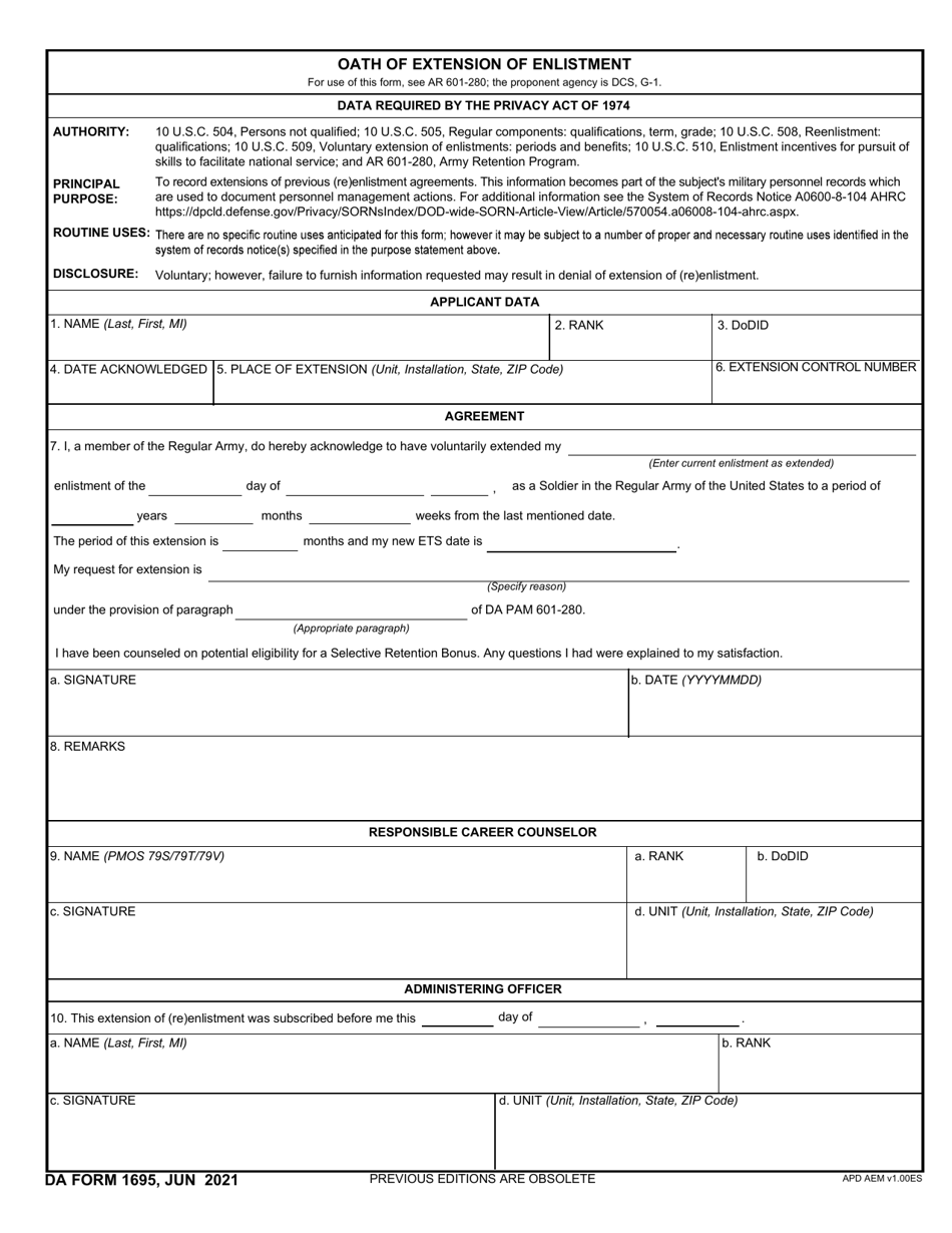 DA Form 1695 Oath of Extension of Enlistment, Page 1