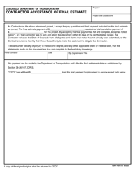 CDOT Form 96 Contractor Acceptance of Final Estimate - Colorado