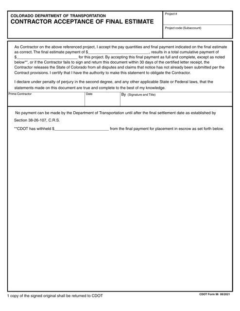 CDOT Form 96 Contractor Acceptance of Final Estimate - Colorado