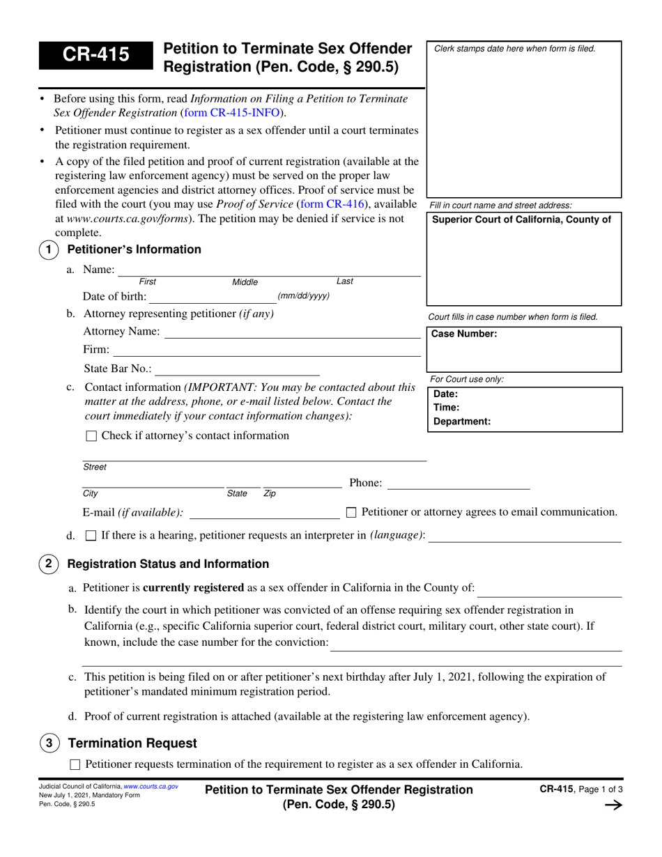 Form CR-415 Petition to Terminate Sex Offender Registration - California, Page 1