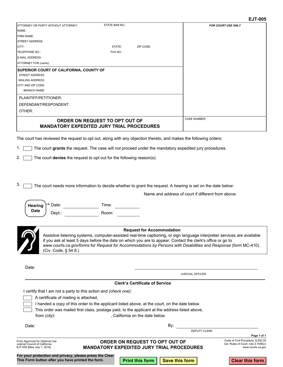 Form EJT-005 Order on Request to Opt out of Mandatory Expedited Jury Trial Procedures - California, Page 1
