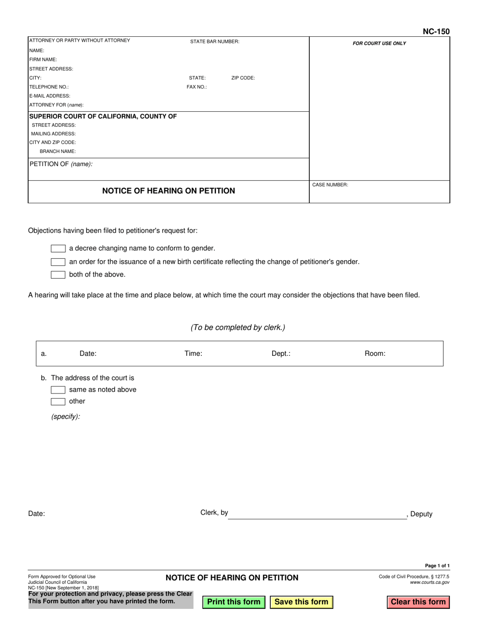 Form NC-150 Notice of Hearing on Petition - California, Page 1