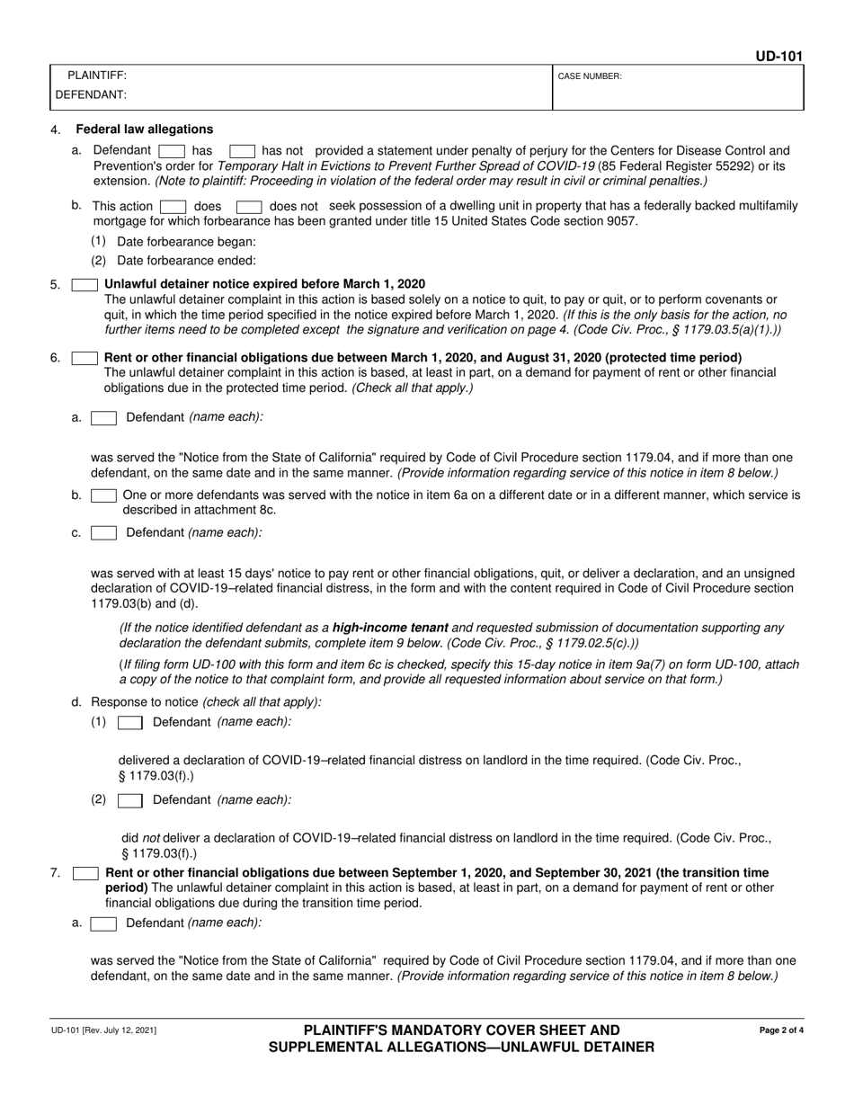 Form UD-101 Plaintiffs Mandatory Cover Sheet and Supplemental Allegations - Unlawful Detainer - California, Page 2