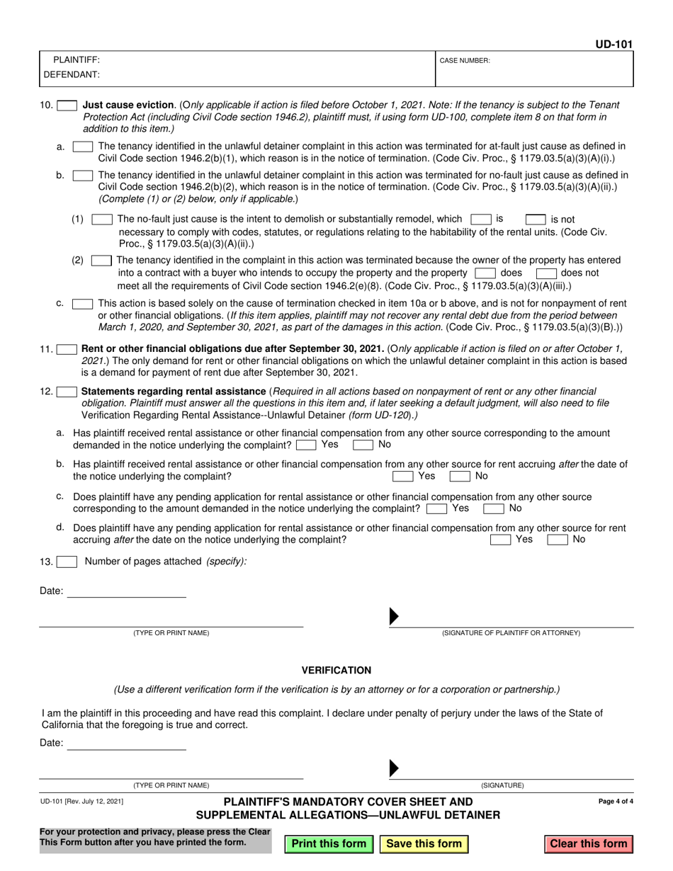 Form UD-101 Plaintiffs Mandatory Cover Sheet and Supplemental Allegations - Unlawful Detainer - California, Page 4
