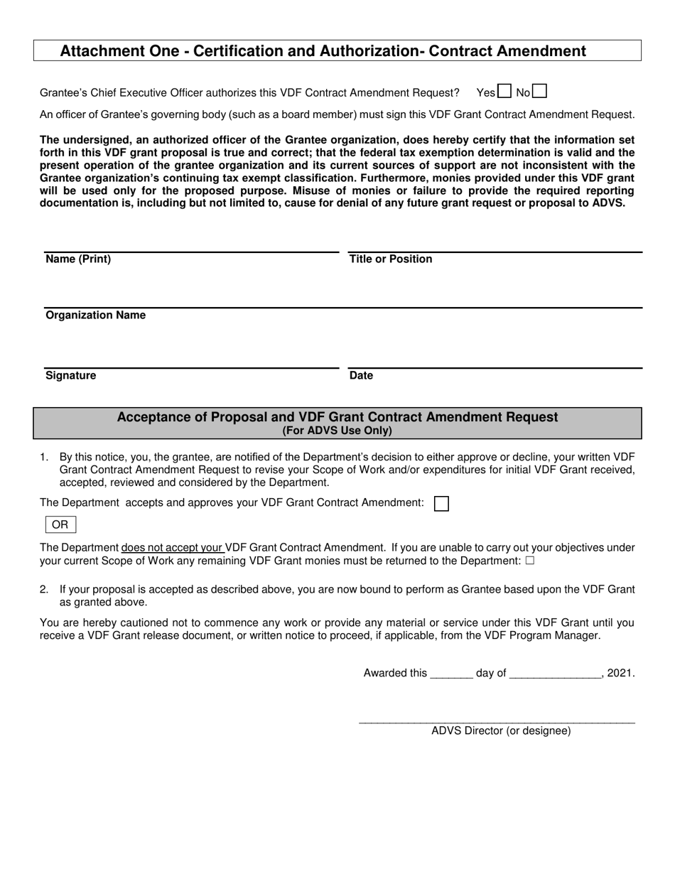 Vdf Grant Contract Amendment - Arizona, Page 1
