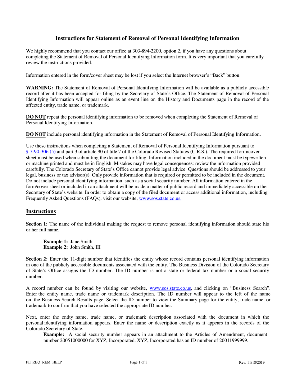 Statement of Removal of Personal Identifying Information - Colorado, Page 1