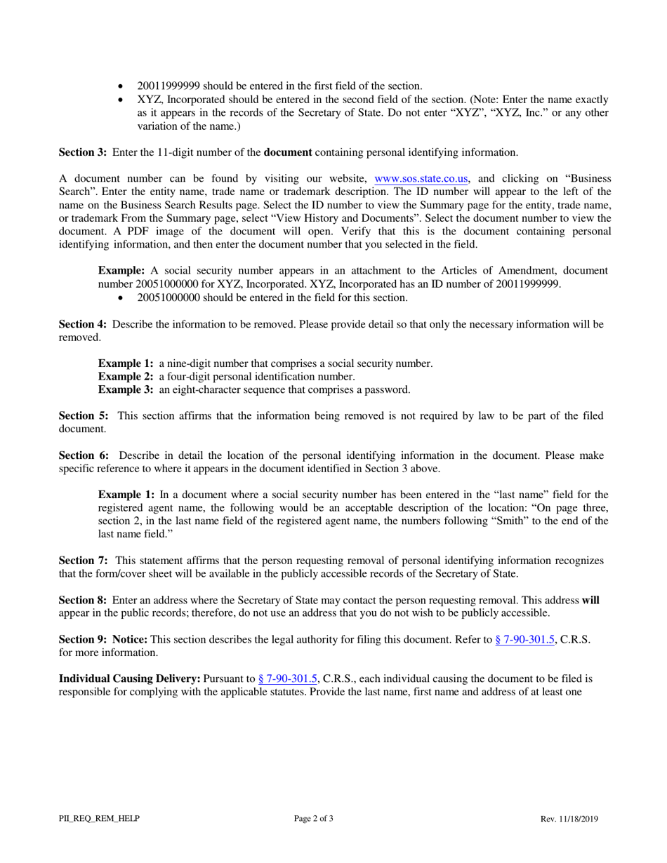 Statement of Removal of Personal Identifying Information - Colorado, Page 2