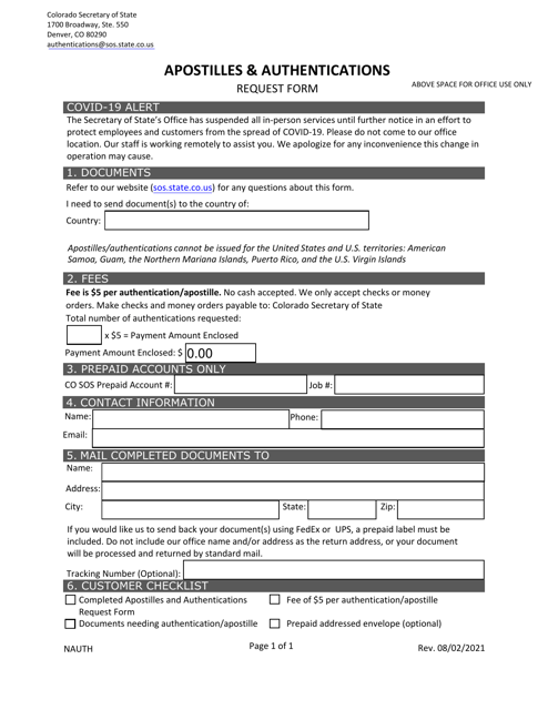 Apostilles & Authentications Request Form - Colorado Download Pdf