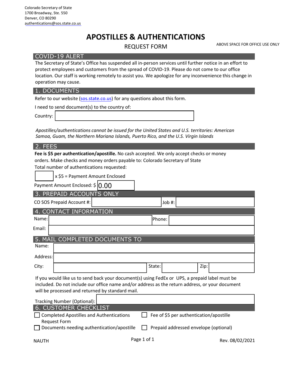 Apostilles  Authentications Request Form - Colorado, Page 1