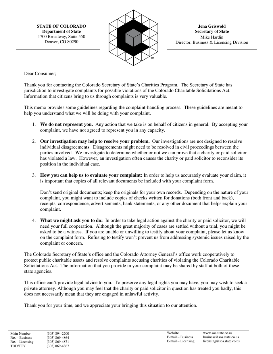 Charities Program Complaint Form - Colorado, Page 1