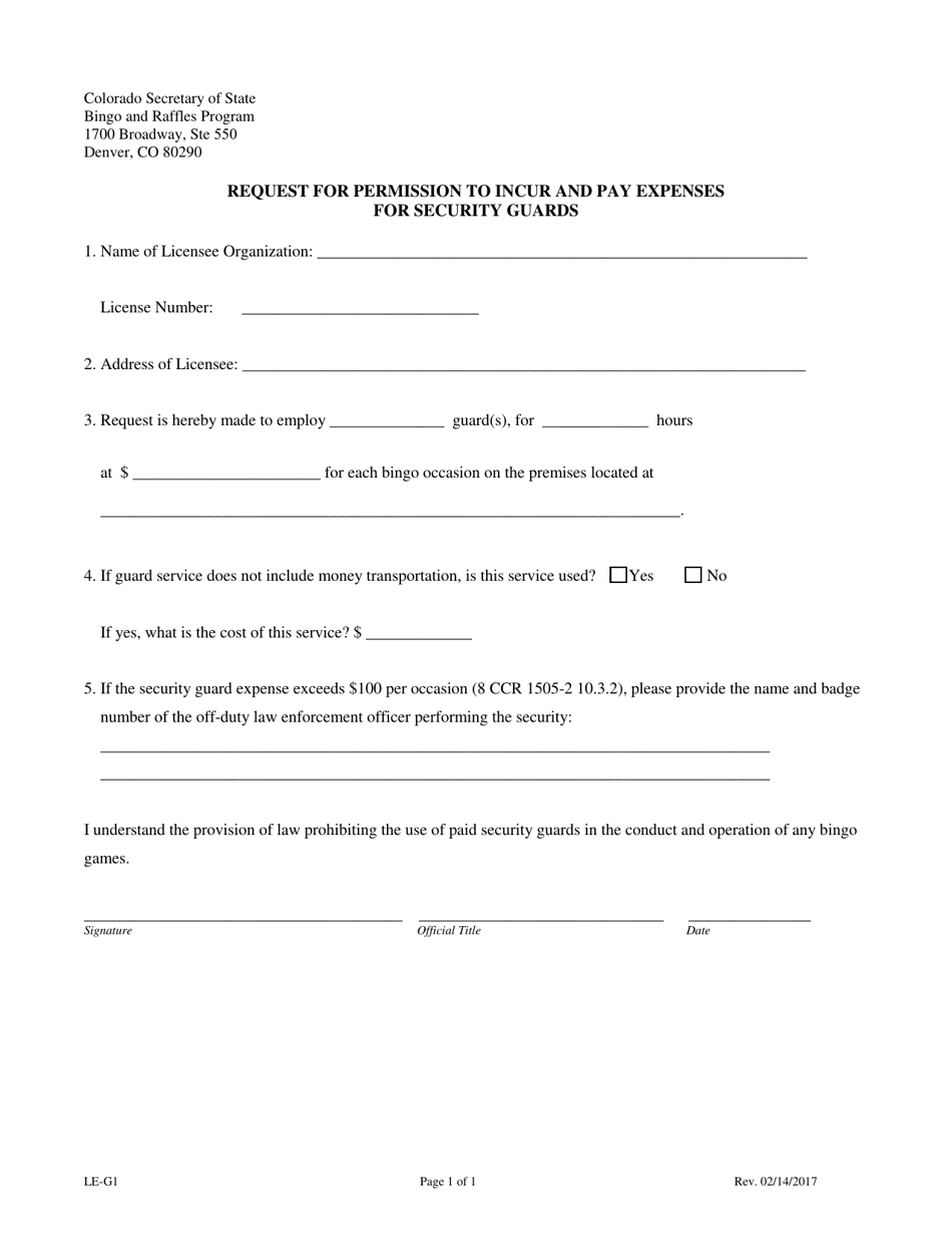 Form LE-G1 Request for Permission to Incur and Pay Expenses for Security Guards - Colorado, Page 1