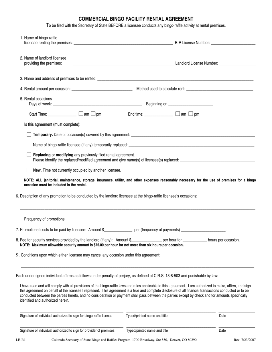 Form LE-R1 Commercial Bingo Facility Rental Agreement - Colorado, Page 1