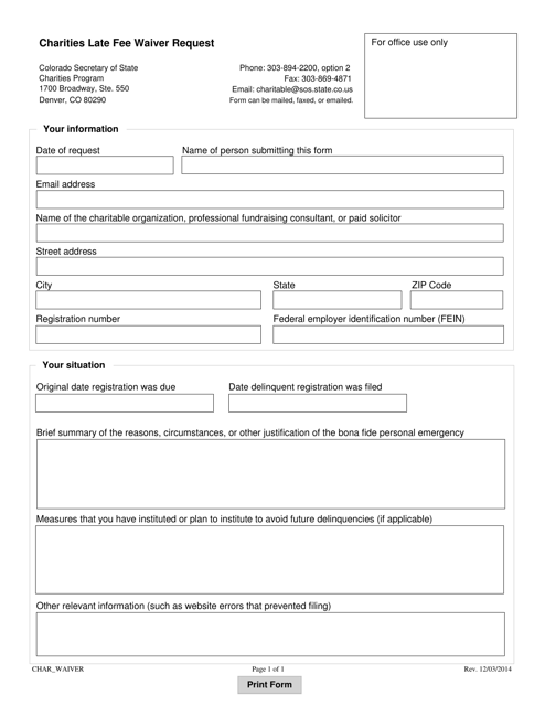 Charities Late Fee Waiver Request - Colorado Download Pdf