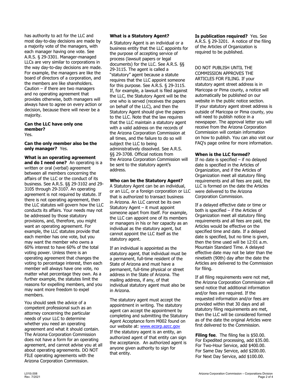 Instructions for Form L010 Articles of Organization - Arizona, Page 2