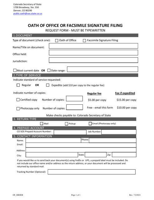 Oath of Office or Facsimile Signature Filing Request Form - Colorado Download Pdf