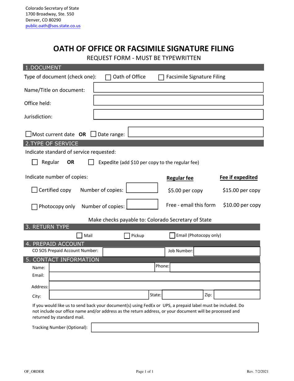 Oath of Office or Facsimile Signature Filing Request Form - Colorado, Page 1