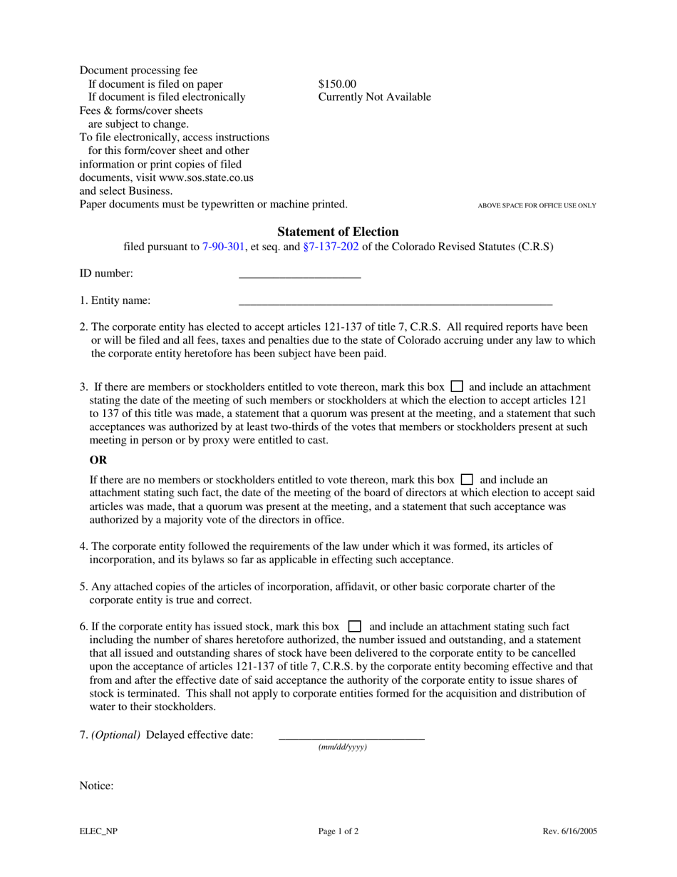 Election to Accept the Colorado Revised Nonprofit Corporation Act - Colorado, Page 1