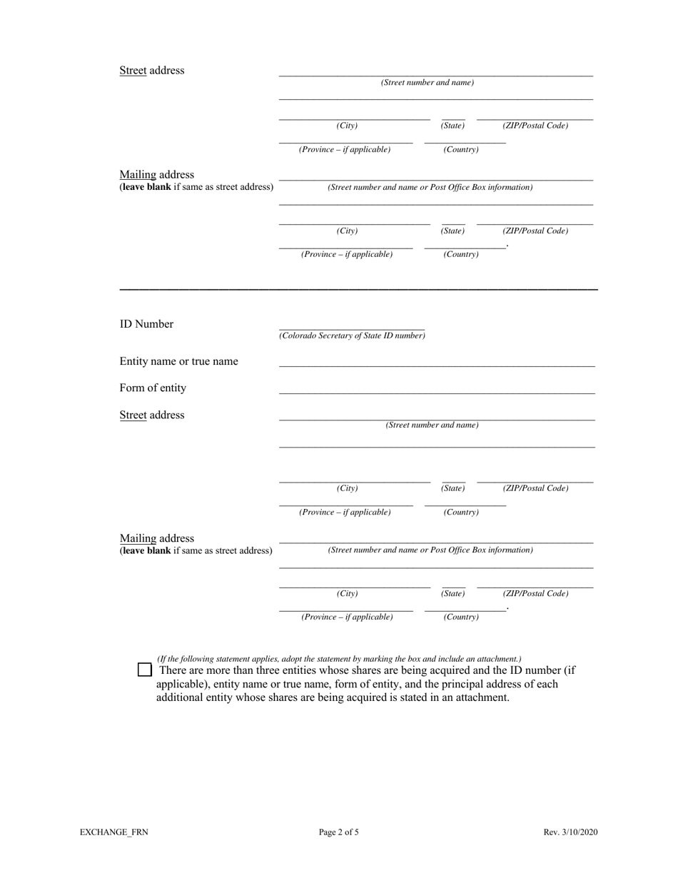 Colorado Statement of Exchange (Acquiring Entity Is a Foreign Entity ...