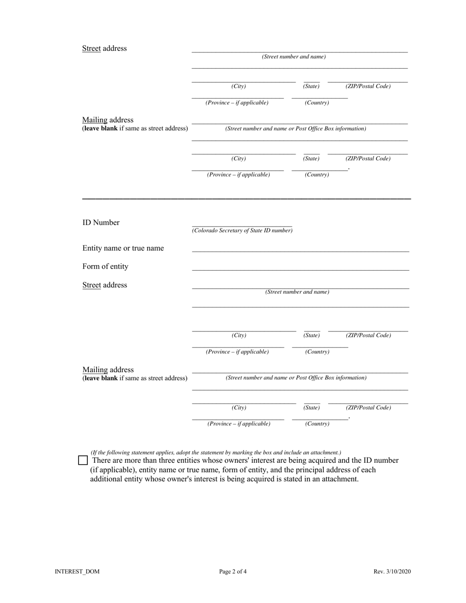 Statement of Owners Interest Exchange (Acquiring Entity Is a Domestic Entity) - Colorado, Page 2