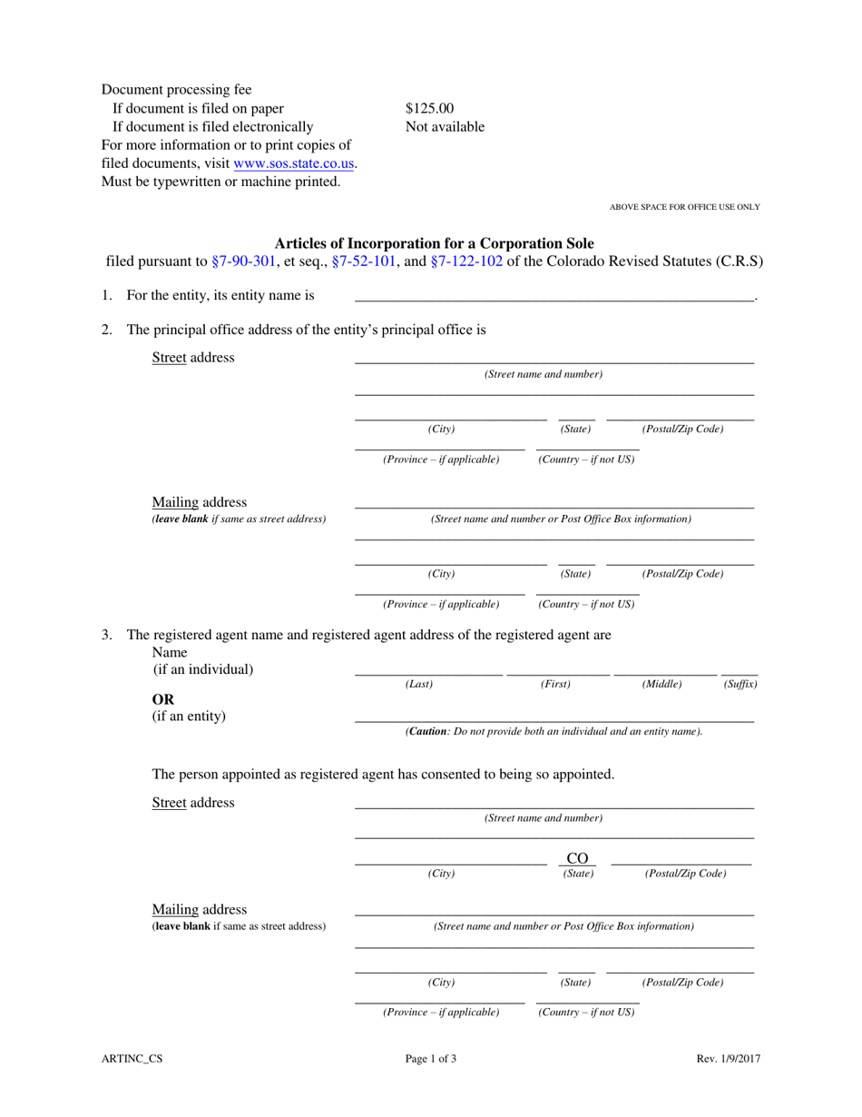 Colorado Articles of Incorporation for a Corporation Sole Fill Out