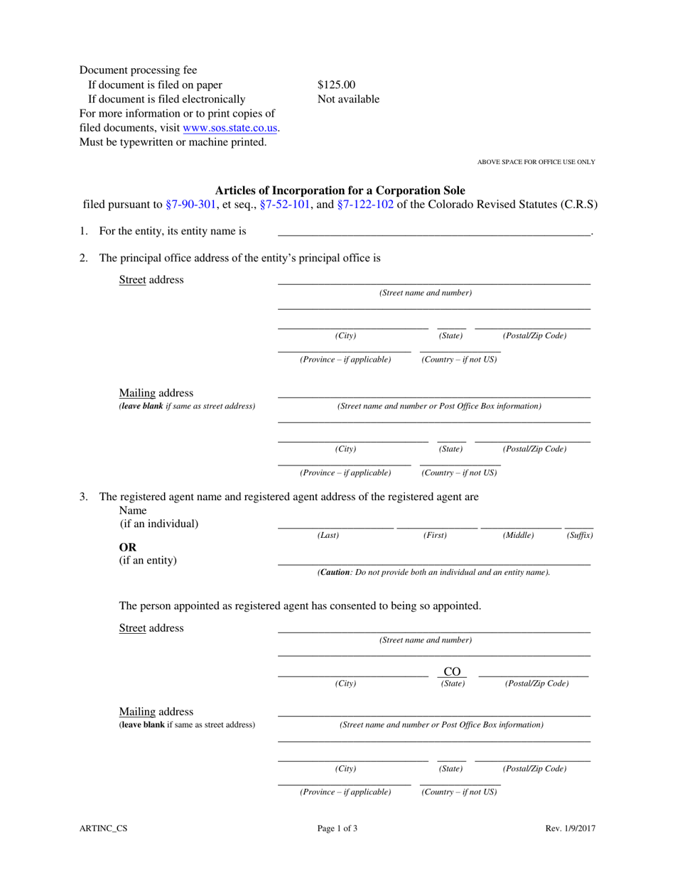 Articles of Incorporation for a Corporation Sole - Colorado, Page 1