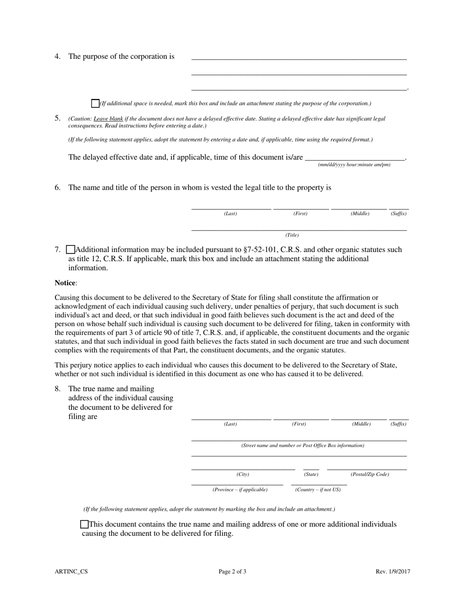 Colorado Articles Of Incorporation For A Corporation Sole Fill Out Sign Online And Download 8264