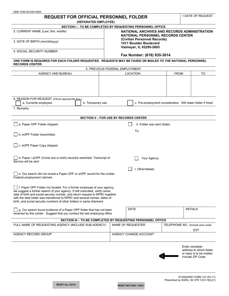 Form SF-127 Request for Official Personnel Folder (Separated Employee), Page 1