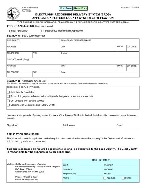 Form ERDS0001B Application for Sub-county System Certification - Electronic Recording Delivery System (Erds) - California