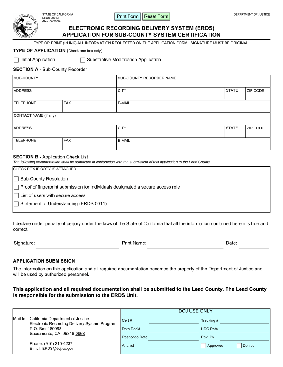 Form ERDS0001B Application for Sub-county System Certification - Electronic Recording Delivery System (Erds) - California, Page 1