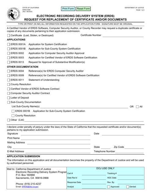 Form ERDS0006 Electronic Recording Delivery System (Erds) Request for Replacement of Certificate and/or Documents - California