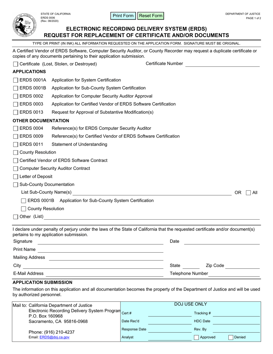 Form ERDS0006 Electronic Recording Delivery System (Erds) Request for Replacement of Certificate and / or Documents - California, Page 1