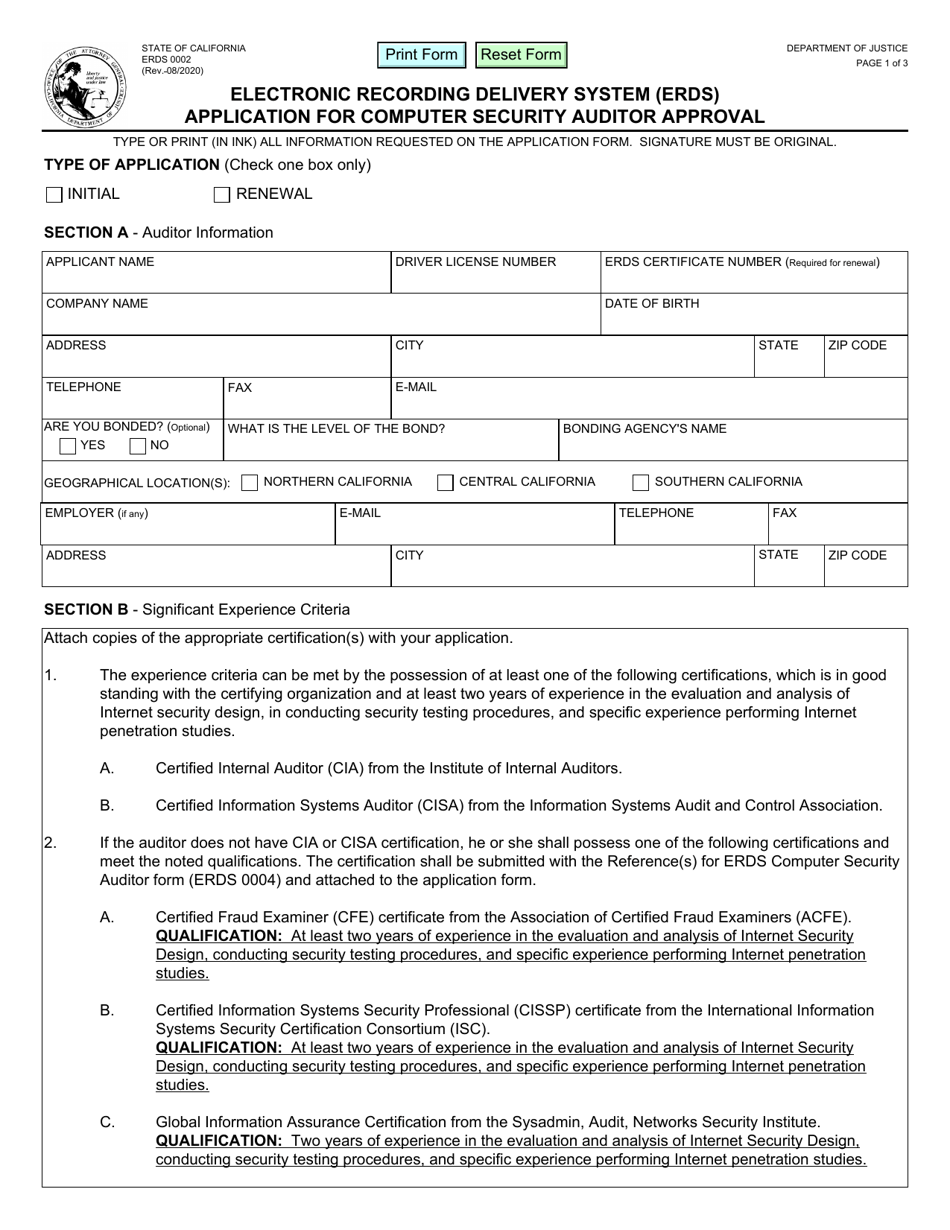 Form ERDS0002 Electronic Recording Delivery System (Erds) Application for Computer Security Auditor Approval - California, Page 1