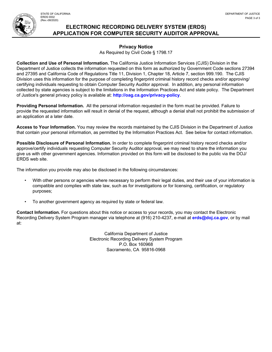 Form ERDS0002 Electronic Recording Delivery System (Erds) Application for Computer Security Auditor Approval - California, Page 3