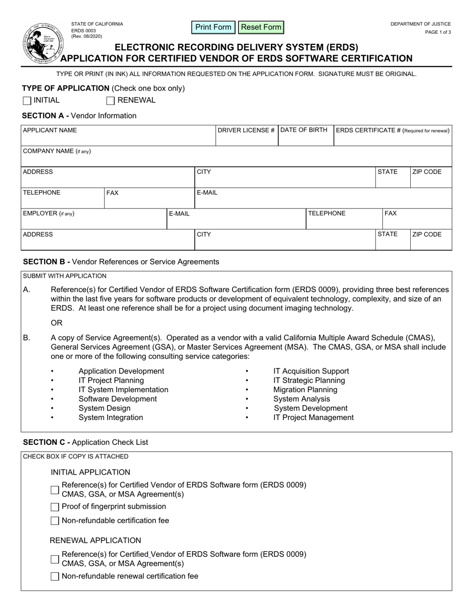 Form ERDS0003 Electronic Recording Delivery System (Erds) Application for Certified Vendor of Erds Software Certification - California, Page 1